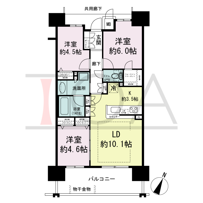 プレミスト六甲道の間取り図 Ctype
南東向き 3LDK+WIC 専有面積65.34m2
バルコニー面積12.60m2