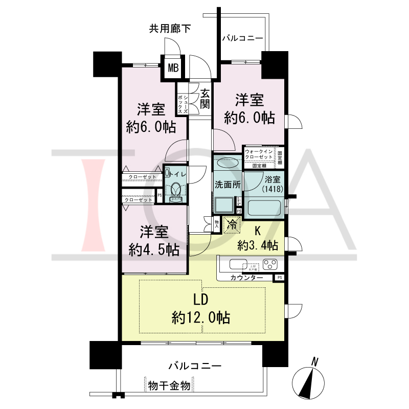 プレミスト六甲道の間取り図 Ftype
南東向き角 3LDK+WIC 専有面積70.03m2
バルコニー面積14.78m2
