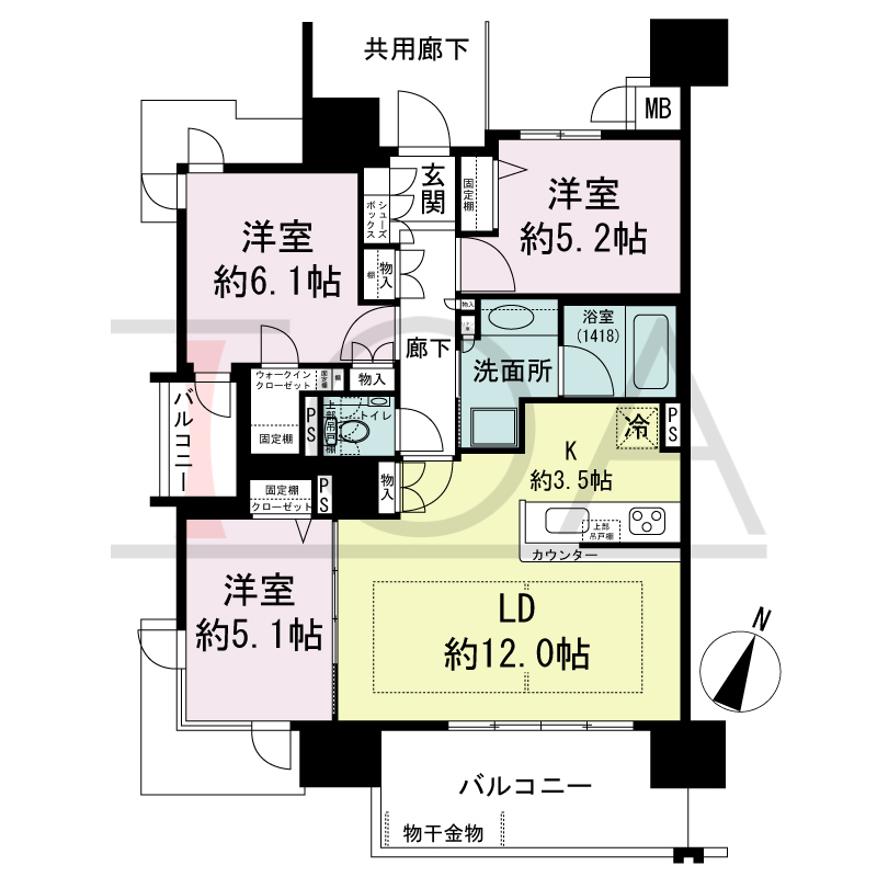 プレミスト六甲道の間取り図 Gtype
南東向き角 3LDK+WIC 専有面積72.74m2
バルコニー面積12.52m2