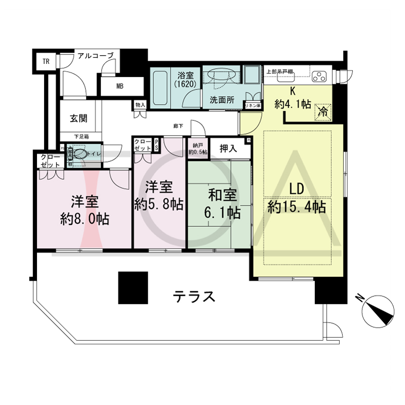 ザ・六甲レジデンスの間取り図 南西向き角 3LDK+N 専有面積91.57m2
アルコーブ面積3.95m2
テラス面積39.16m2