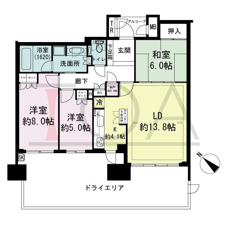 ザ・六甲レジデンスの間取り図 南西向き角 3LDK+N 専有面積85.34m2
アルコーブ面積2.59m2
ドライエリア面積37.13m2