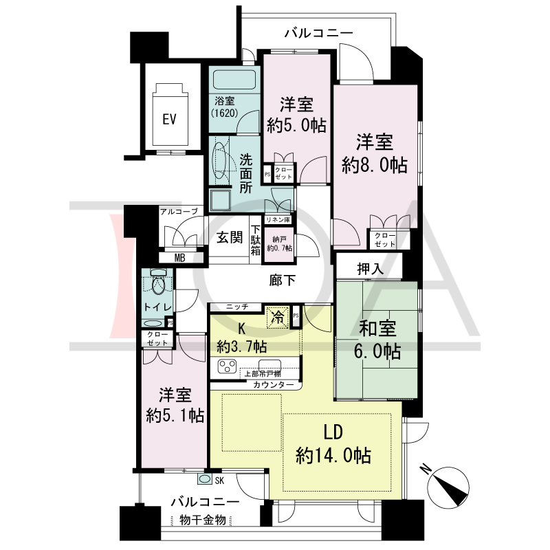 ザ・六甲レジデンスの間取り図 南向き角 4LDK+N 専有面積98.59m2
アルコーブ面積1.85m2
バルコニー面積14.81m2
