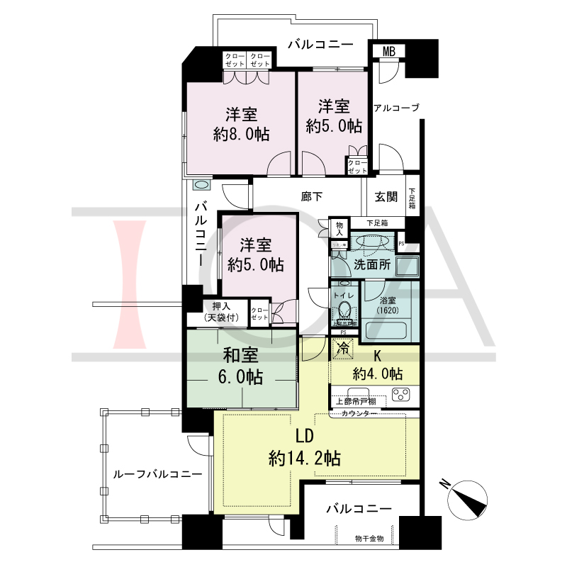 ザ・六甲レジデンスの間取り図 西向き角 4LDK 専有面積97.35m2
アルコーブ面積6.02m2
バルコニー面積19.90m2
ルーフバルコニー面積12.03m2