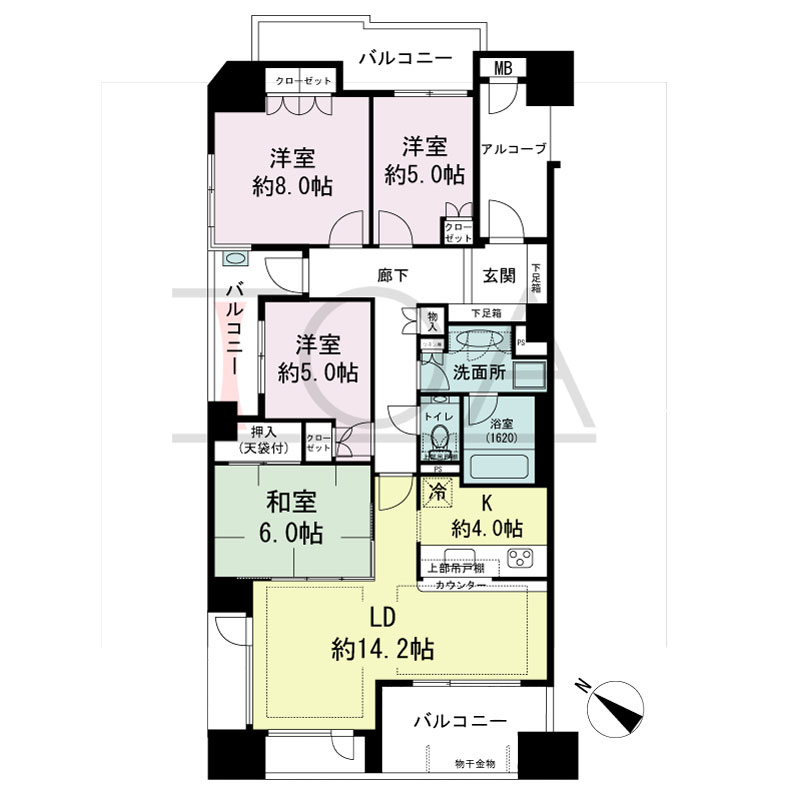 ザ・六甲レジデンスの間取り図 西向き角 4LDK 専有面積97.35m2
アルコーブ面積6.02m2
バルコニー面積17.84m2