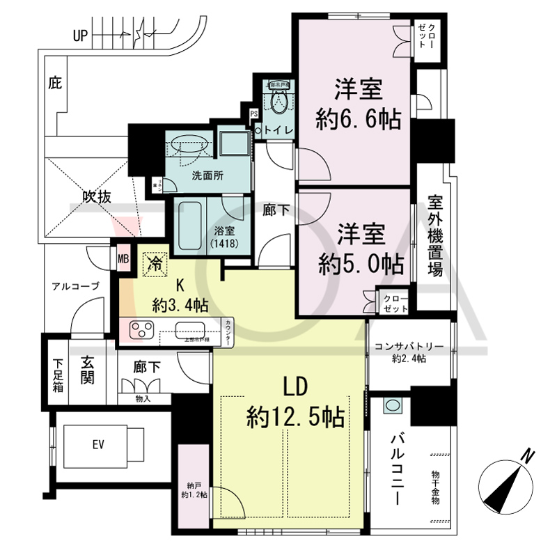 ザ・六甲レジデンスの間取り図 南東向き角 2LDK+N+コンサバトリー 専有面積71.91m2
アルコーブ面積3.60m2
バルコニー面積6.62m2