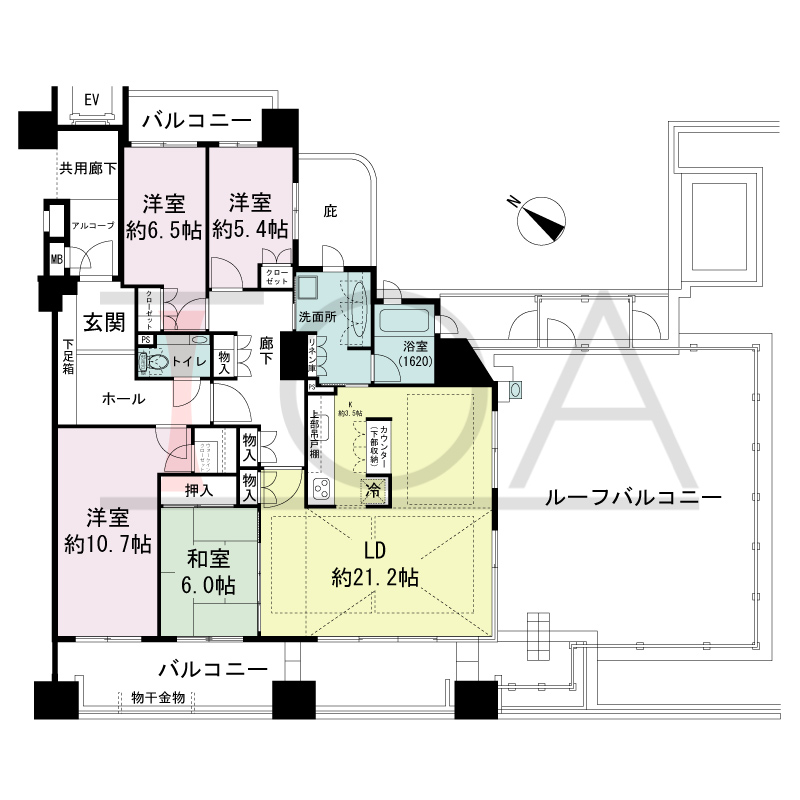 ザ・六甲レジデンスの間取り図 南向き角 4LDK 専有面積128.92m2
アルコーブ面積2.94m2
バルコニー面積29.64m2
ルーフバルコニー面積60.68m2