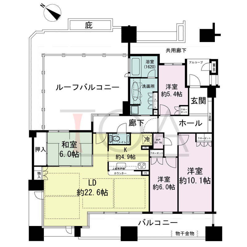ザ・六甲レジデンスの間取り図 南西向き角 4LDK+N 専有面積128.80m2
アルコーブ面積3.88m2
バルコニー面積20.11m2
ルーフバルコニー面積34.30m2