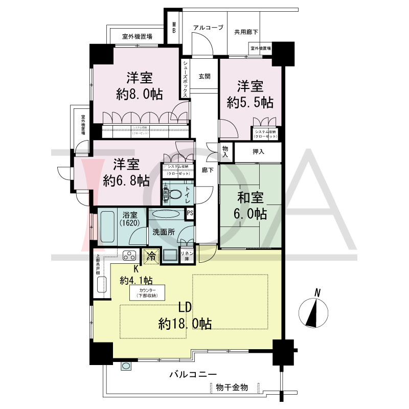 サンクタス六甲VIEWS（サンクタス六甲ビュース）の間取り図 南西向き角 4LDK 専有面積105.48m2
アルコーブ面積3.53m2
バルコニー面積12.69m2