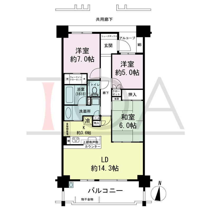 サンクタス六甲VIEWS（サンクタス六甲ビュース）の間取り図 南向き 3LDK 専有面積80.69m2
アルコーブ面積2.72m2
バルコニー面積12.77m2から12.87m2のお部屋あり
