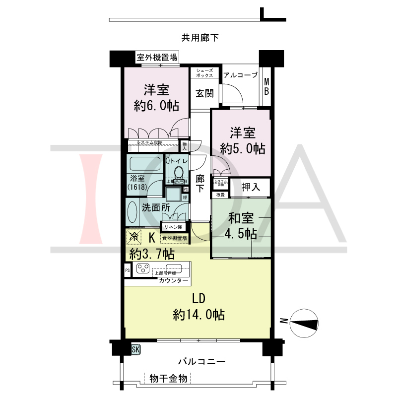 サンクタス六甲VIEWS（サンクタス六甲ビュース）の間取り図 西向き 3LDK 専有面積75.70m2
アルコーブ面積3.16m2
バルコニー面積12.05m2