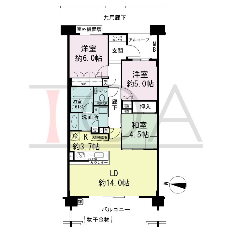 サンクタス六甲VIEWS（サンクタス六甲ビュース）の間取り図 西向き 3LDK 専有面積75.70m2
アルコーブ面積3.16m2
バルコニー面積12.39m2