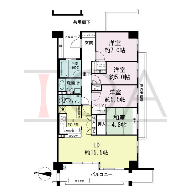 サンクタス六甲VIEWS（サンクタス六甲ビュース）の間取り図 西向き角 4LDK 専有面積92.07m2
アルコーブ面積3.36m2
バルコニー面積14.47m2から14.62m2のお部屋あり