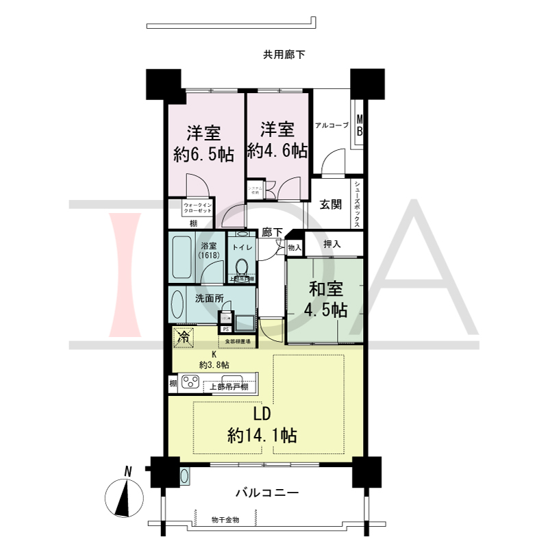 サンクタス六甲VIEWS（サンクタス六甲ビュース）の間取り図 南向き 3LDK 専有面積76.76m2
アルコーブ面積4.04m2
バルコニー面積12.39m2