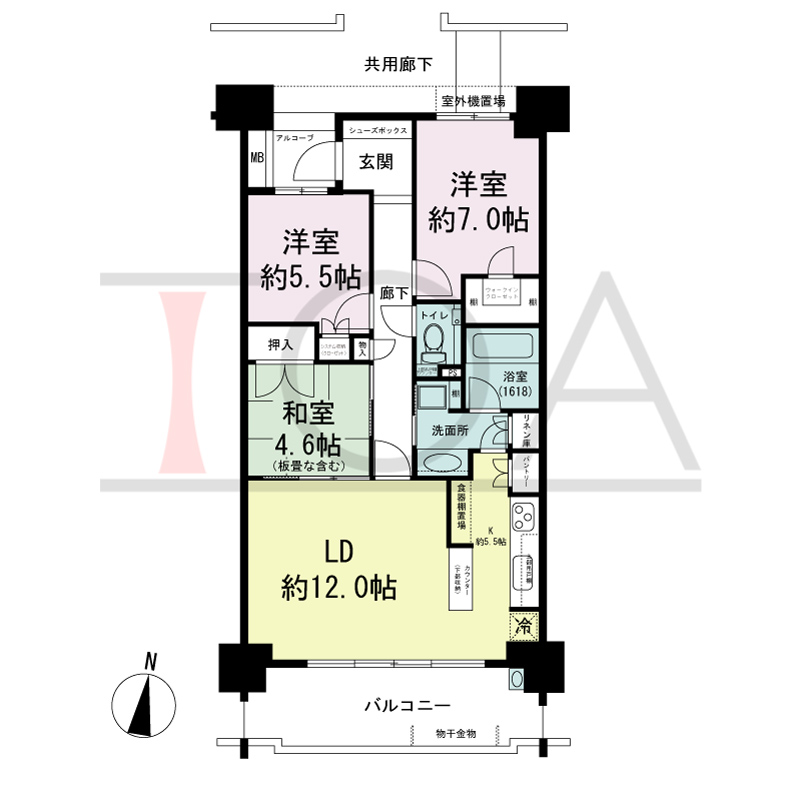 サンクタス六甲VIEWS（サンクタス六甲ビュース）の間取り図 南向き 3LDK 専有面積80.69m2
アルコーブ面積2.72m2
バルコニー面積12.77m2から12.92m2のお部屋あり
