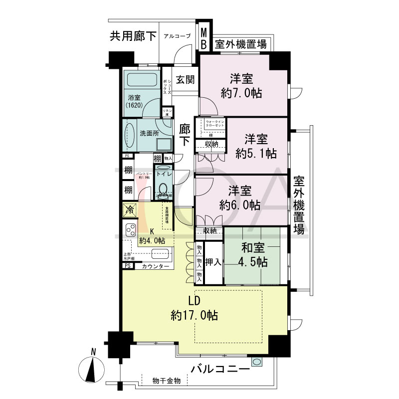 サンクタス六甲VIEWS（サンクタス六甲ビュース）の間取り図 南東向き角 4LDK 専有面積97.54m2
アルコーブ面積2.94m2
バルコニー面積10.86m2