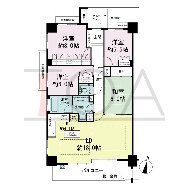 サンクタス六甲VIEWS（サンクタス六甲ビュース）の間取り図 南向き角 4LDK 専有面積104.09m2
アルコーブ面積3.53m2
バルコニー面積12.69m2