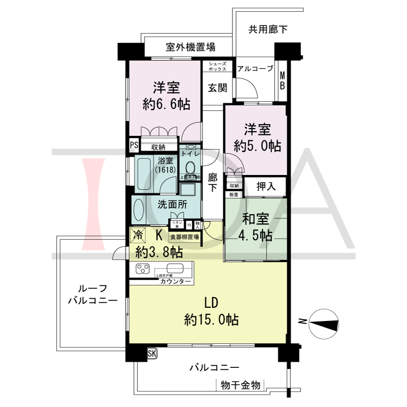 サンクタス六甲VIEWS（サンクタス六甲ビュース）の間取り図 北西向き角 3LDK 専有面積78.12m2
アルコーブ面積3.16m2
ルーフバルコニー面積12.60m2
バルコニー面積11.89m2