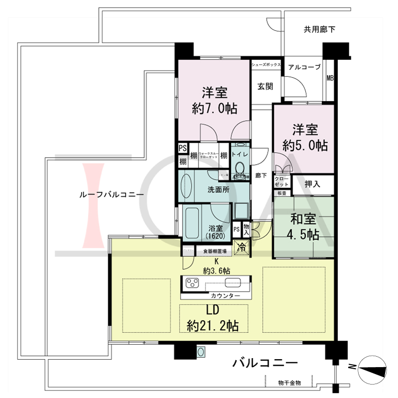 サンクタス六甲VIEWS（サンクタス六甲ビュース）の間取り図 西向き角 3LDK 専有面積90.72m2
アルコーブ面積3.16m2
ルーフバルコニー面積36.67m2
バルコニー面積21.94m2