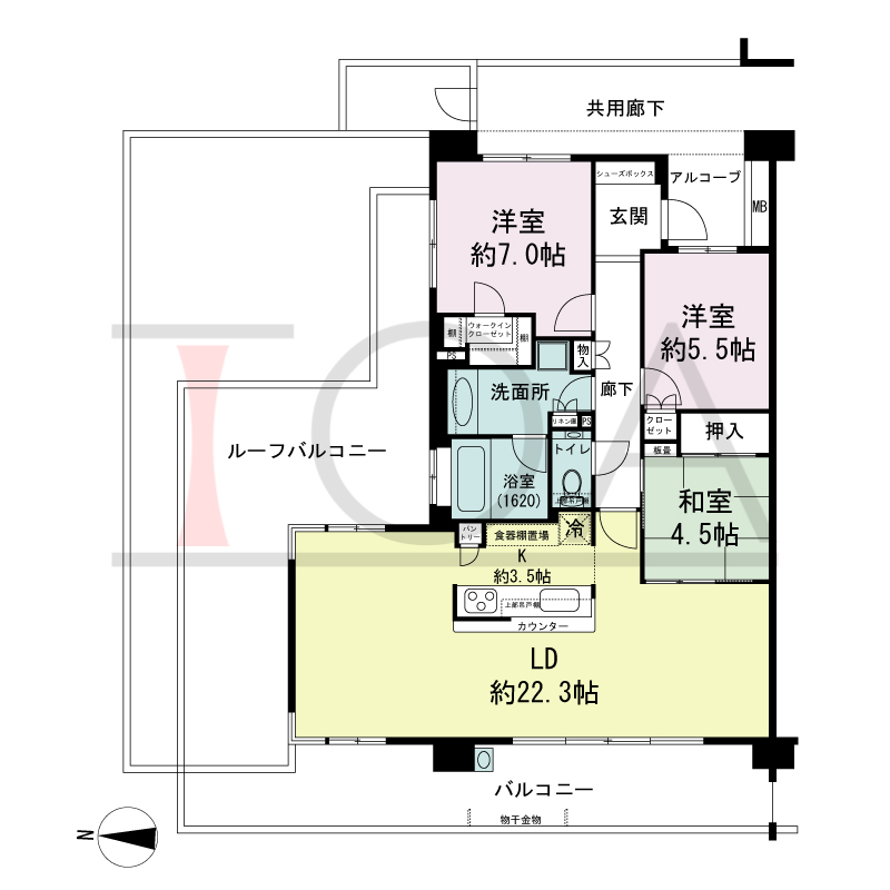 サンクタス六甲VIEWS（サンクタス六甲ビュース）の間取り図 北西向き角 3LDK 専有面積93.62m2
アルコーブ面積2.97m2
ルーフバルコニー面積32.75m2
バルコニー面積22.19m2