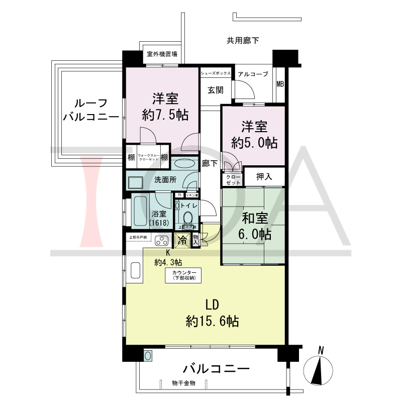 サンクタス六甲VIEWS（サンクタス六甲ビュース）の間取り図 南向き角 3LDK 専有面積84.70m2
アルコーブ面積3.05m2
ルーフバルコニー面積12.82m2
バルコニー面積12.44m2