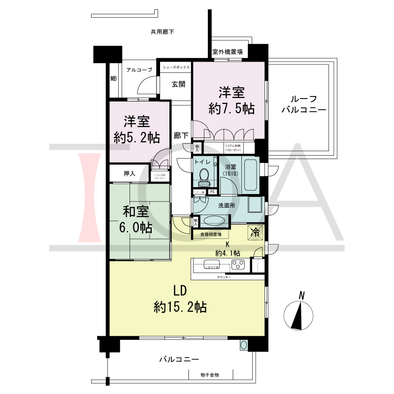 サンクタス六甲VIEWS（サンクタス六甲ビュース）の間取り図 南向き角 3LDK 専有面積84.76m2
アルコーブ面積2.99m2
ルーフバルコニー面積12.82m2
バルコニー面積12.44m2