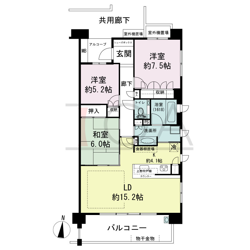 サンクタス六甲VIEWS（サンクタス六甲ビュース）の間取り図 南向き角 3LDK 専有面積84.76m2
アルコーブ面積2.99m2
バルコニー面積12.44m2
