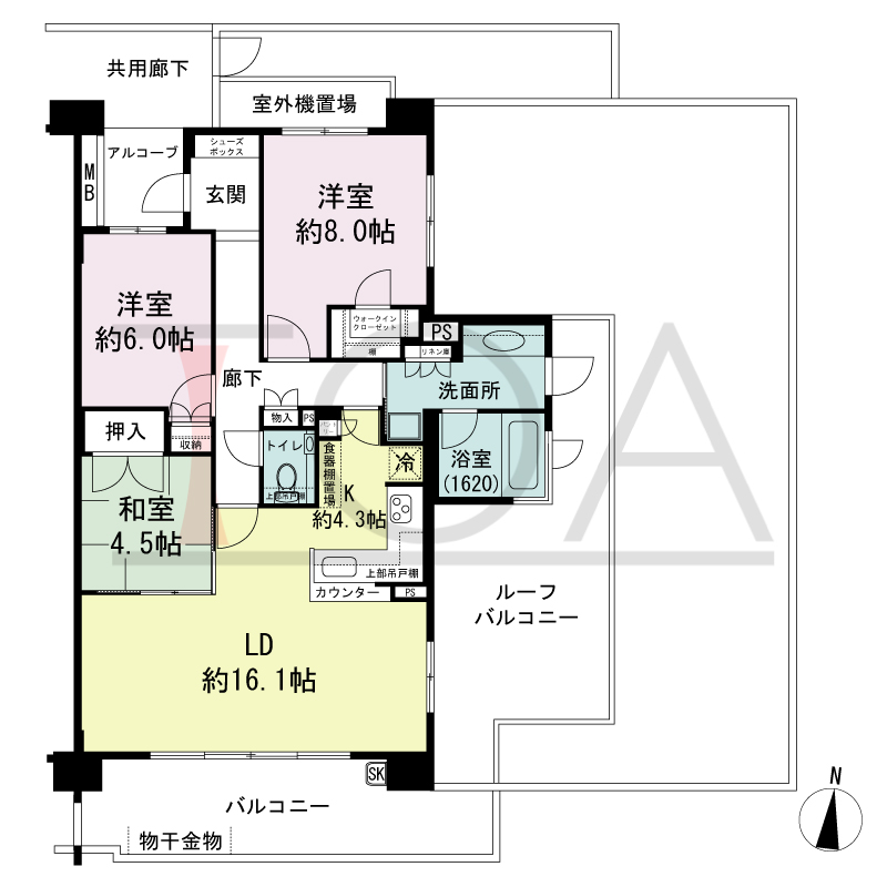 サンクタス六甲VIEWS（サンクタス六甲ビュース）の間取り図 南向き角 3LDK 専有面積90.62m2
アルコーブ面積3.11m2
ルーフバルコニー面積21.72m2
バルコニー面積14.95m2