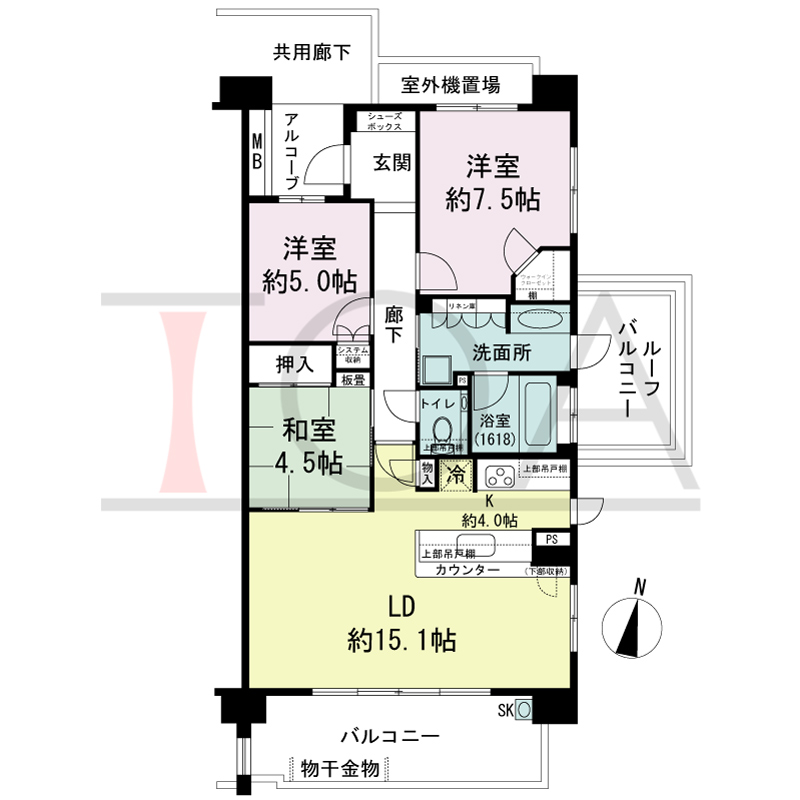 サンクタス六甲VIEWS（サンクタス六甲ビュース）の間取り図 南向き角 3LDK 専有面積82.04m2
アルコーブ面積3.11m2
ルーフバルコニー面積8.57m2
バルコニー面積11.99m2