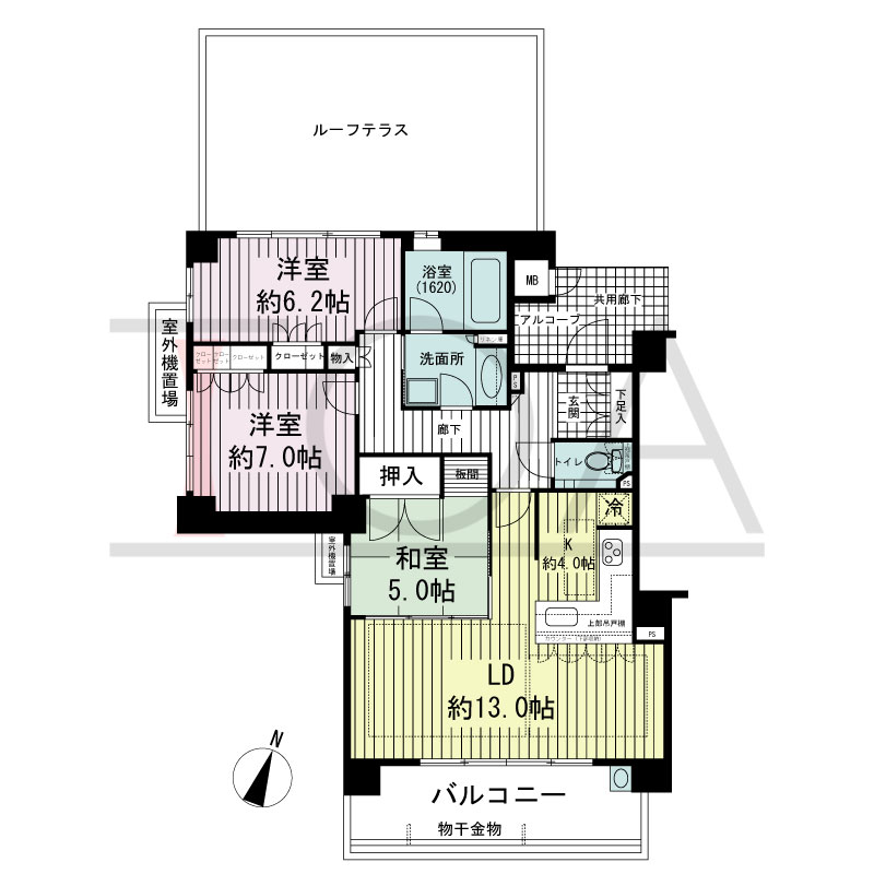 ジ・アーバネックス六甲の間取り図 南向き角 3LDK 専有面積81.59m2
バルコニー面積10.62m2
ルーフテラス面積28.52m2
アルコーブ面積2.18m2