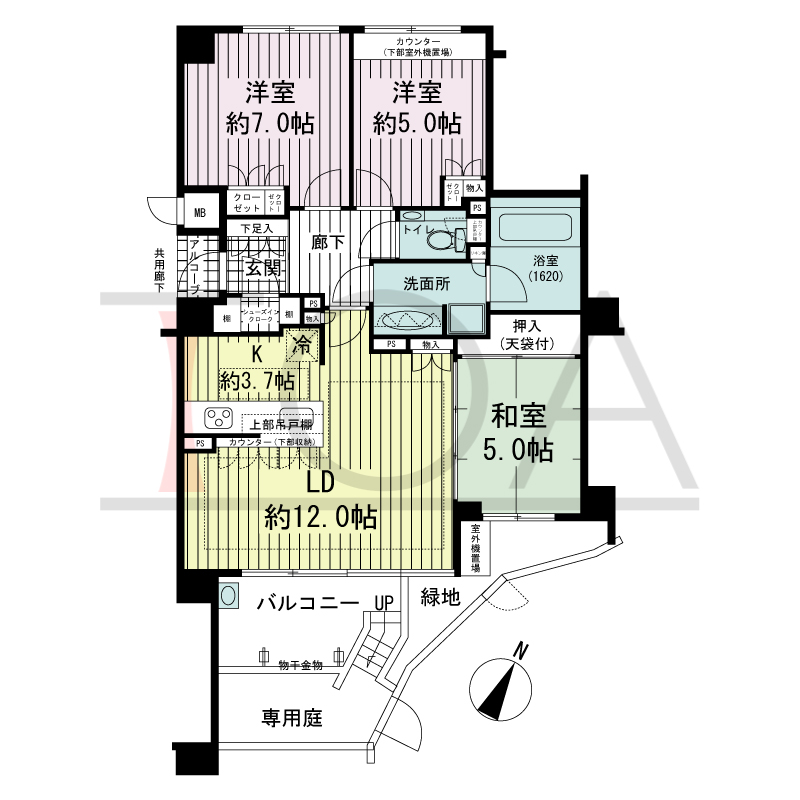 ジ・アーバネックス六甲の間取り図 南向き 3LDK 専有面積75.25m2
バルコニー面積8.15m2
アルコーブ面積1.16m2
専用庭面積4.53m2
