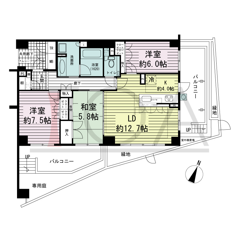 ジ・アーバネックス六甲の間取り図 南東向き角 3LDK 専有面積84.16m2
バルコニー面積27.59m2
アルコーブ面積0.48m2
専用庭面積5.68m2