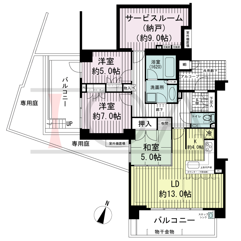 ジ・アーバネックス六甲の間取り図 南向き角 3LDK+S 専有面積96.22m2
バルコニー面積23.98m2
アルコーブ面積2.18m2
専用庭面積25.58m2