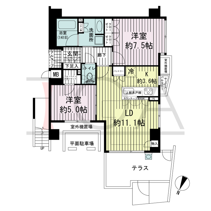 ジ・アーバネックス六甲の間取り図 北西向き角 2LDK 専有面積62.81m2
テラス面積10.57m2
サービスバルコニー面積0.87m2
アルコーブ面積1.16m2