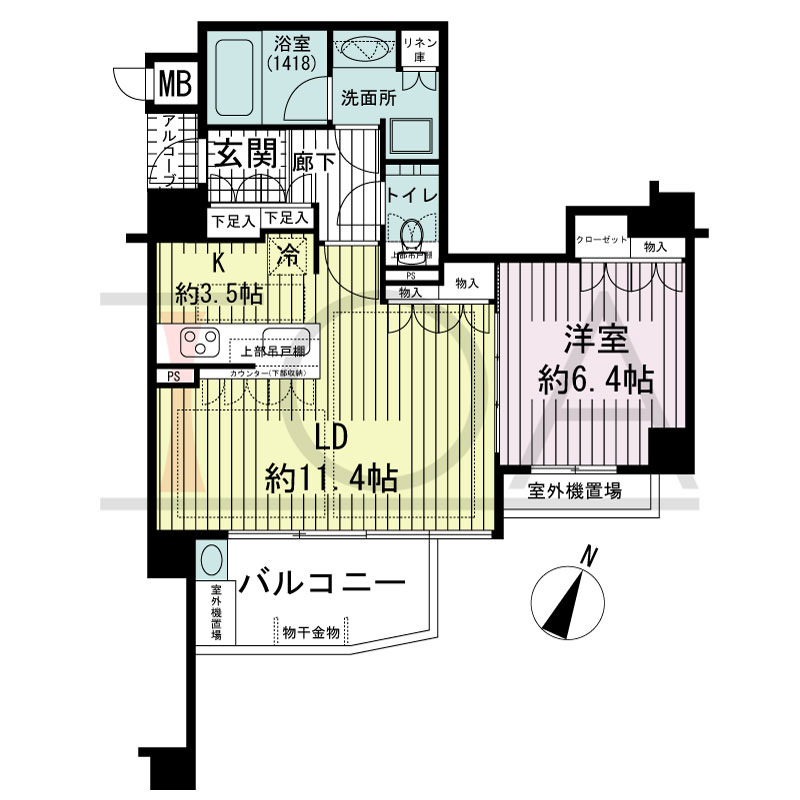 ジ・アーバネックス六甲の間取り図 南向き 1LDK 専有面積51.40m2
バルコニー面積6.54m2
アルコーブ面積1.16m2