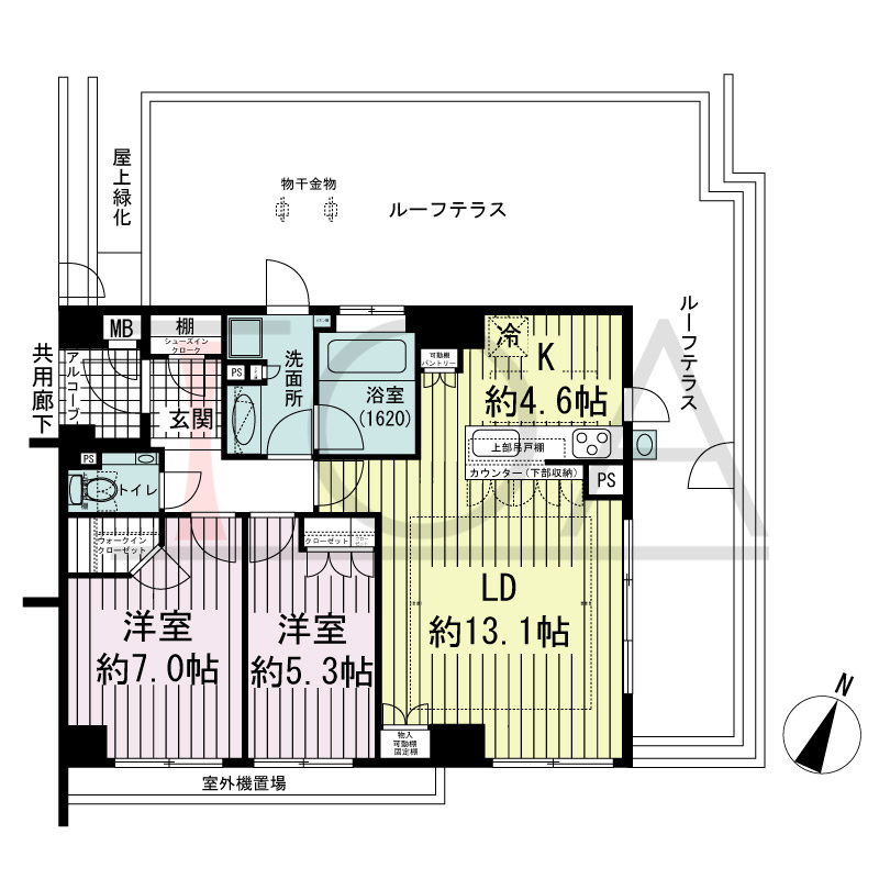 ジ・アーバネックス六甲の間取り図 南東向き角 2LDK 専有面積70.11m2
ルーフテラス面積48.15m2
アルコーブ面積2.19m2