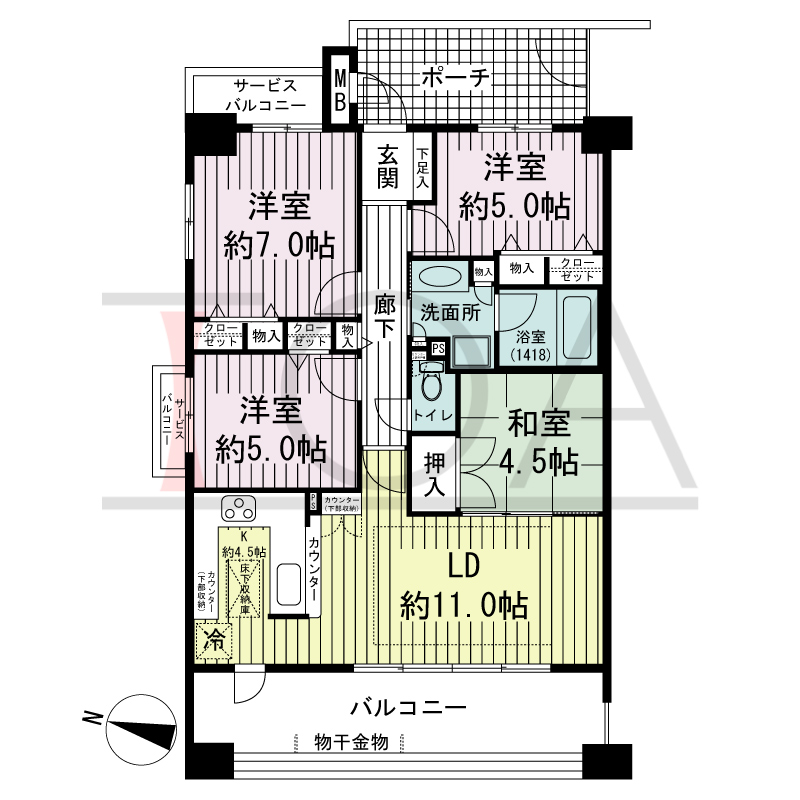 ブリッジコート六甲の間取り図 西向き角 4LDK 専有面積78.78m2
バルコニー面積14.82m2
サービスバルコニー面積3.69m2
専用ポーチ面積8.26m2