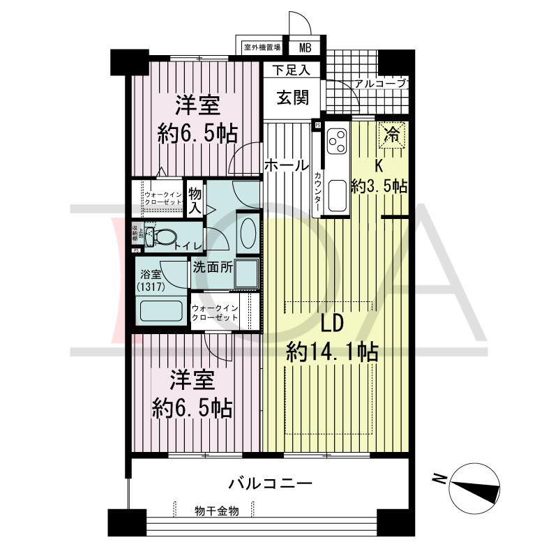 ブリッジコート六甲の間取り図 西向き 2LDK 専有面積69.42m2
バルコニー面積13.68m2
アルコーブ面積3.30m2
