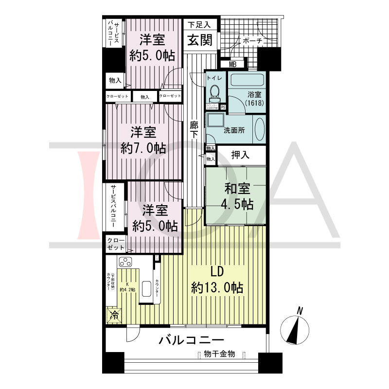 ブリッジコート六甲の間取り図 南向き角 4LDK 専有面積87.86m2
バルコニー面積13.68m2
サービスバルコニー面積3.78m2