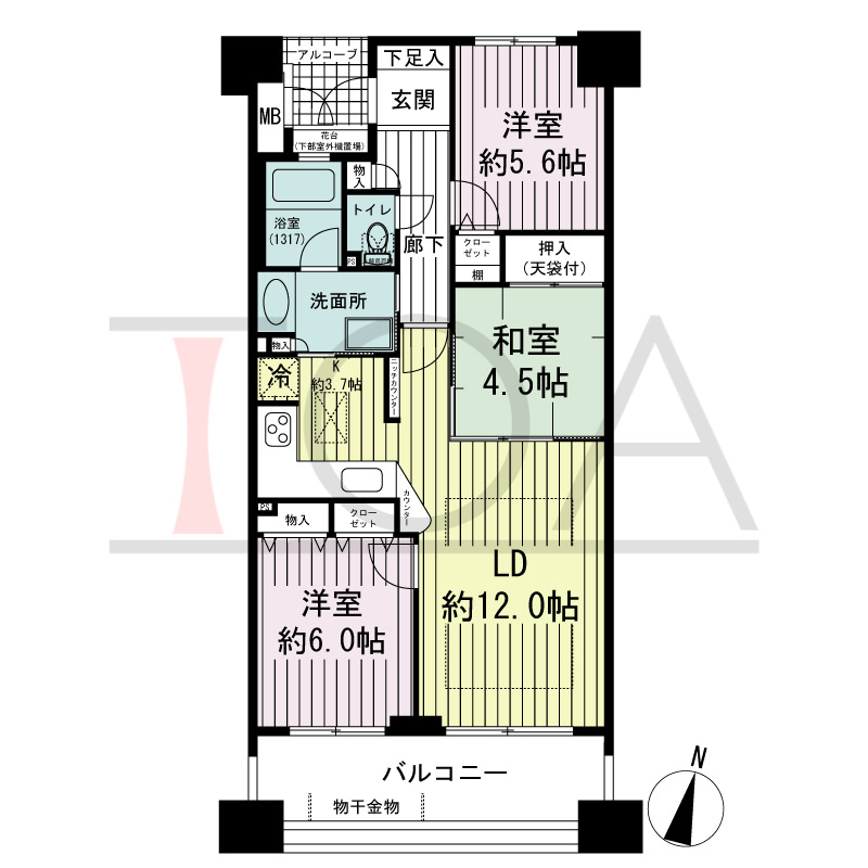 ブリッジコート六甲の間取り図 南向き 3LDK 専有面積70.30m2
バルコニー面積11.78m2
アルコーブ面積2.49m2
