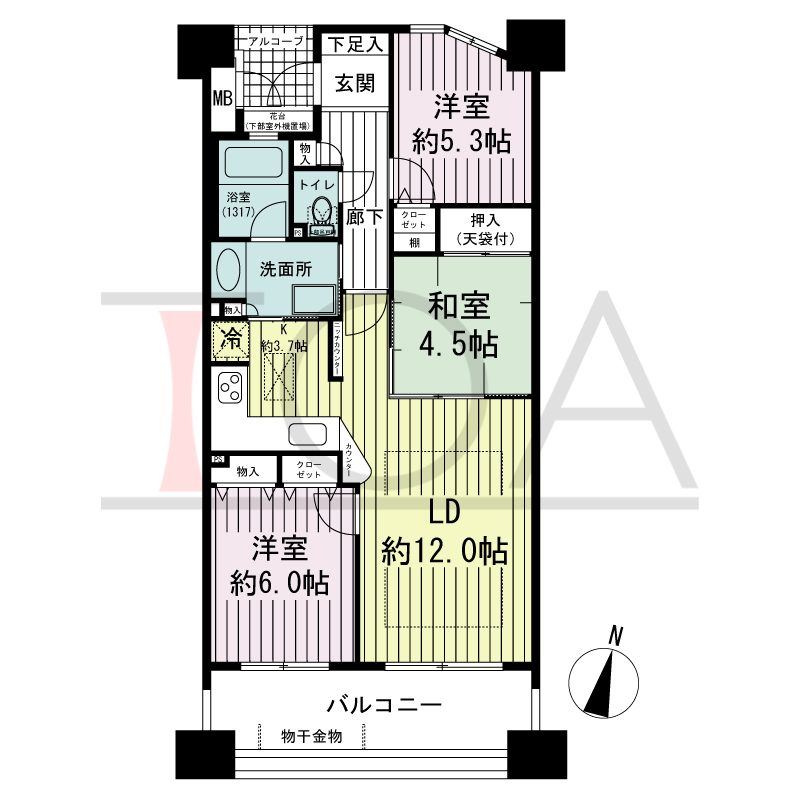 ブリッジコート六甲の間取り図 南向き 3LDK 専有面積69.75m2
バルコニー面積11.78m2
アルコーブ面積2.49m2
