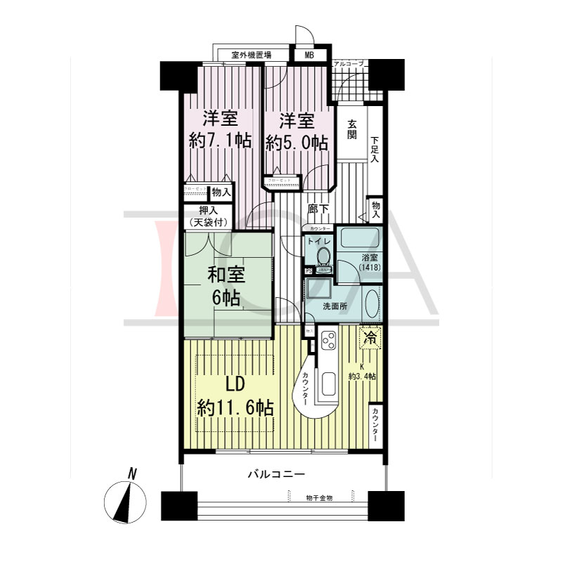 ブリッジコート六甲の間取り図 南向き 3LDK 専有面積75.96m2
バルコニー面積12.35m2
アルコーブ面積2.04m2