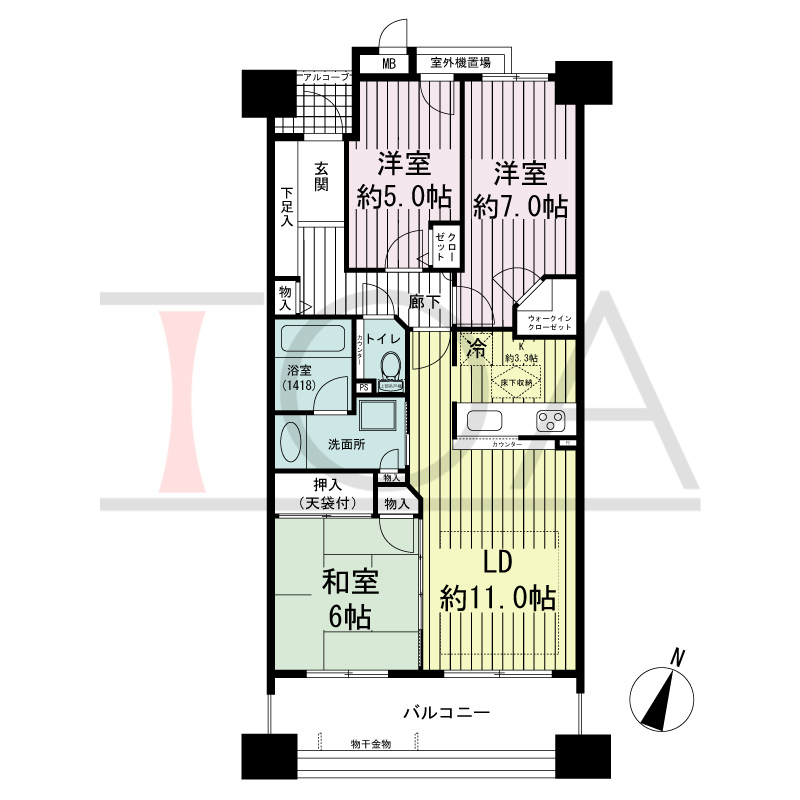 ブリッジコート六甲の間取り図 南向き 3LDK 専有面積73.56m2
バルコニー面積11.97m2
アルコーブ面積2.04m2