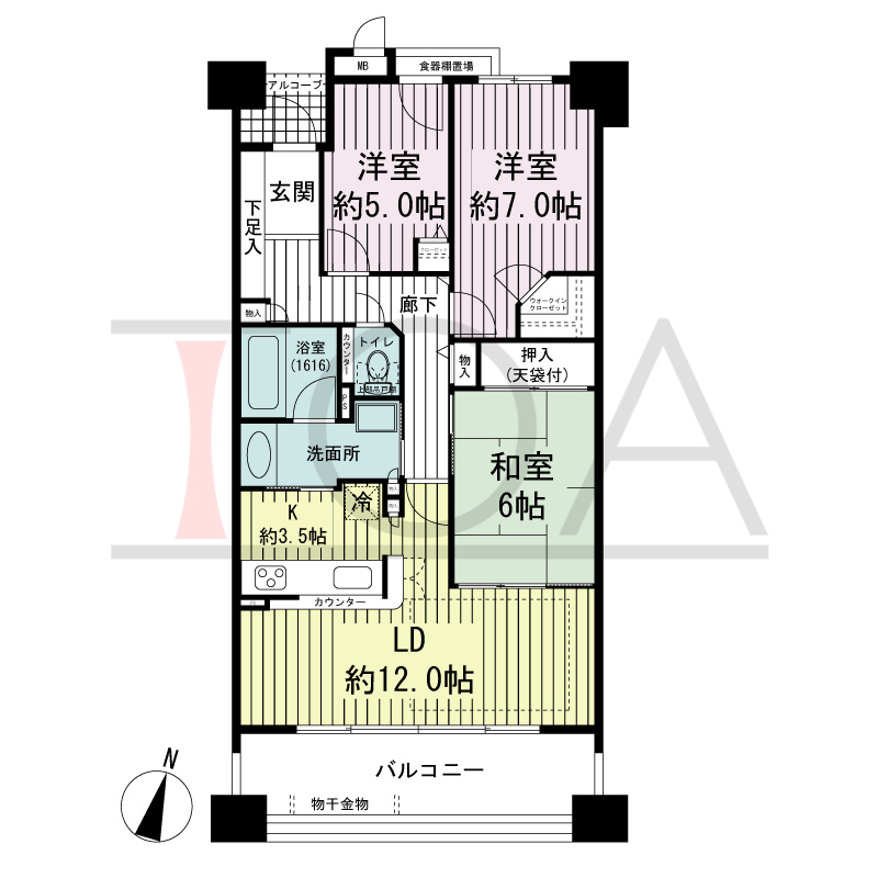 ブリッジコート六甲の間取り図 南向き 3LDK 専有面積78.36m2
バルコニー面積12.73m2
アルコーブ面積2.04m2