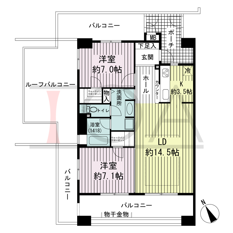 ブリッジコート六甲の間取り図 南向き角 2LDK 専有面積73.46m2
バルコニー面積32.60m2
ルーフバルコニー面積20.66m2