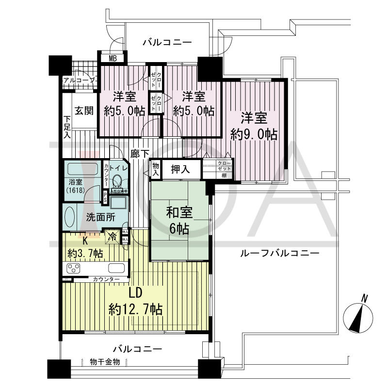 ブリッジコート六甲の間取り図 南向き角 4LDK 専有面積94.00m2
バルコニー面積19.95m2
ルーフバルコニー面積51.17m2
アルコーブ面積2.04m2