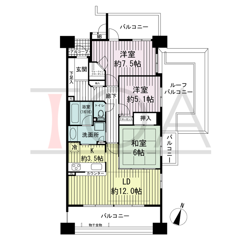 ブリッジコート六甲の間取り図 南向き角 3LDK 専有面積78.81m2
バルコニー面積20.14m2から29.13m2のお部屋あり
ルーフバルコニー面積12.45m2
アルコーブ面積2.04m2