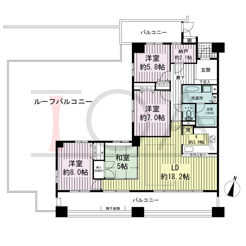 ブリッジコート六甲の間取り図 南向き角 4LDK+N 専有面積106.18m2
バルコニー面積34.39m2
ルーフバルコニー面積86.18m2
アルコーブ面積2.04m2