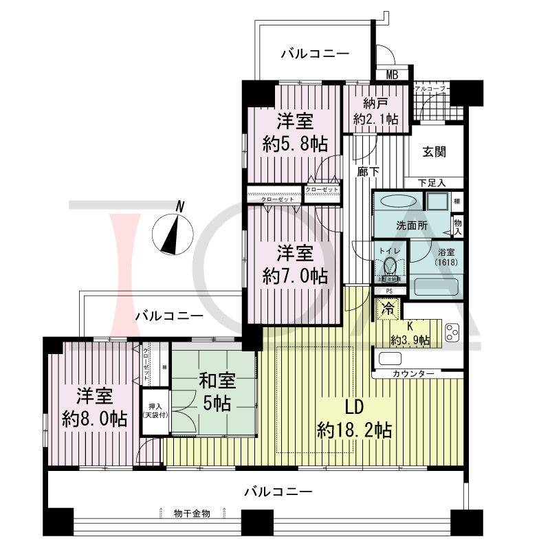 ブリッジコート六甲の間取り図 南向き角 4LDK+N 専有面積106.18m2
バルコニー面積38.45m2
アルコーブ面積2.04m2