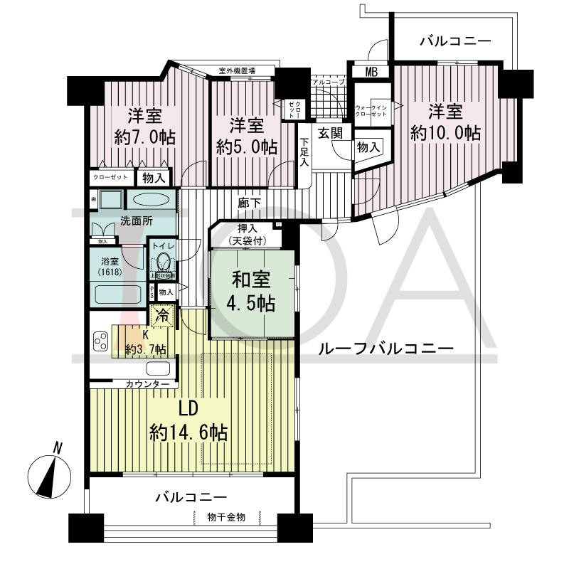 ブリッジコート六甲の間取り図 南東向き角 4LDK 専有面積102.64m2
バルコニー面積17.68m2
ルーフバルコニー面積47.40m2
アルコーブ面積1.56m2