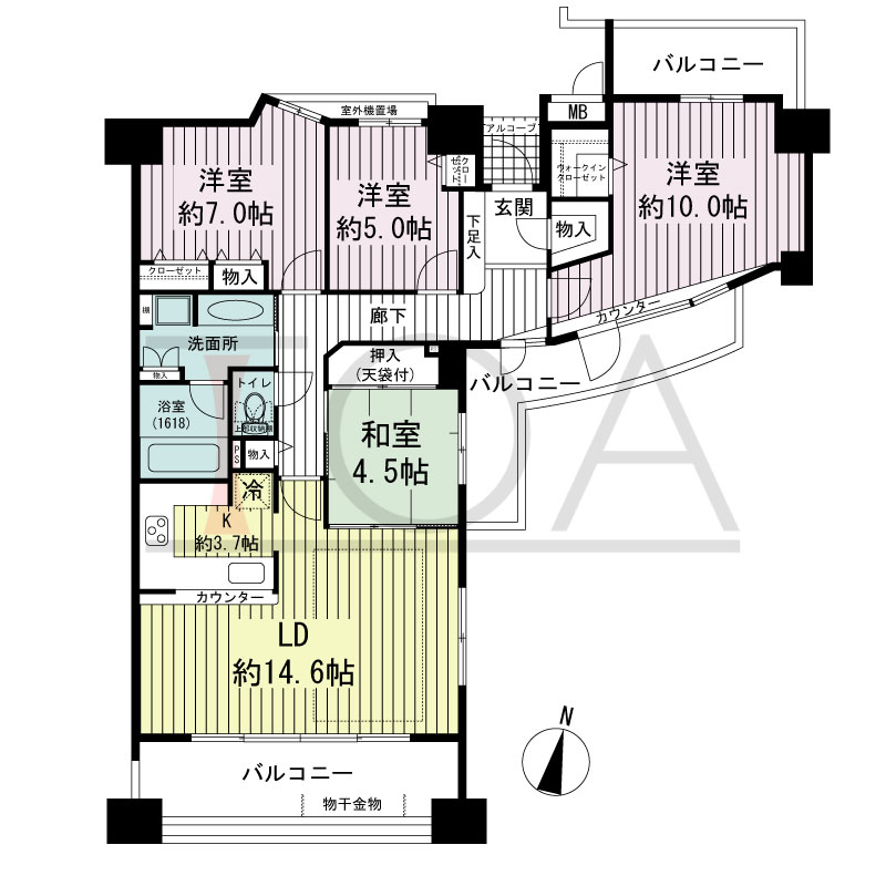 ブリッジコート六甲の間取り図 南東向き角 4LDK 専有面積102.64m2
バルコニー面積27.15m2
アルコーブ面積1.56m2